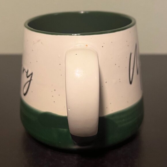 Peppermint & Pine MERRY Matte Off-white  with Green Glossy Glaze Stoneware Mug - Picture 3 of 8